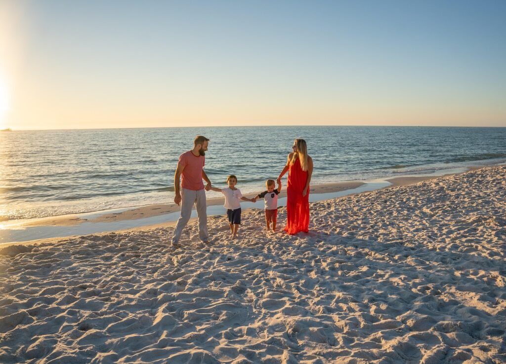 family, sunset, beach, children, family portrait, vacation, leisure, nature